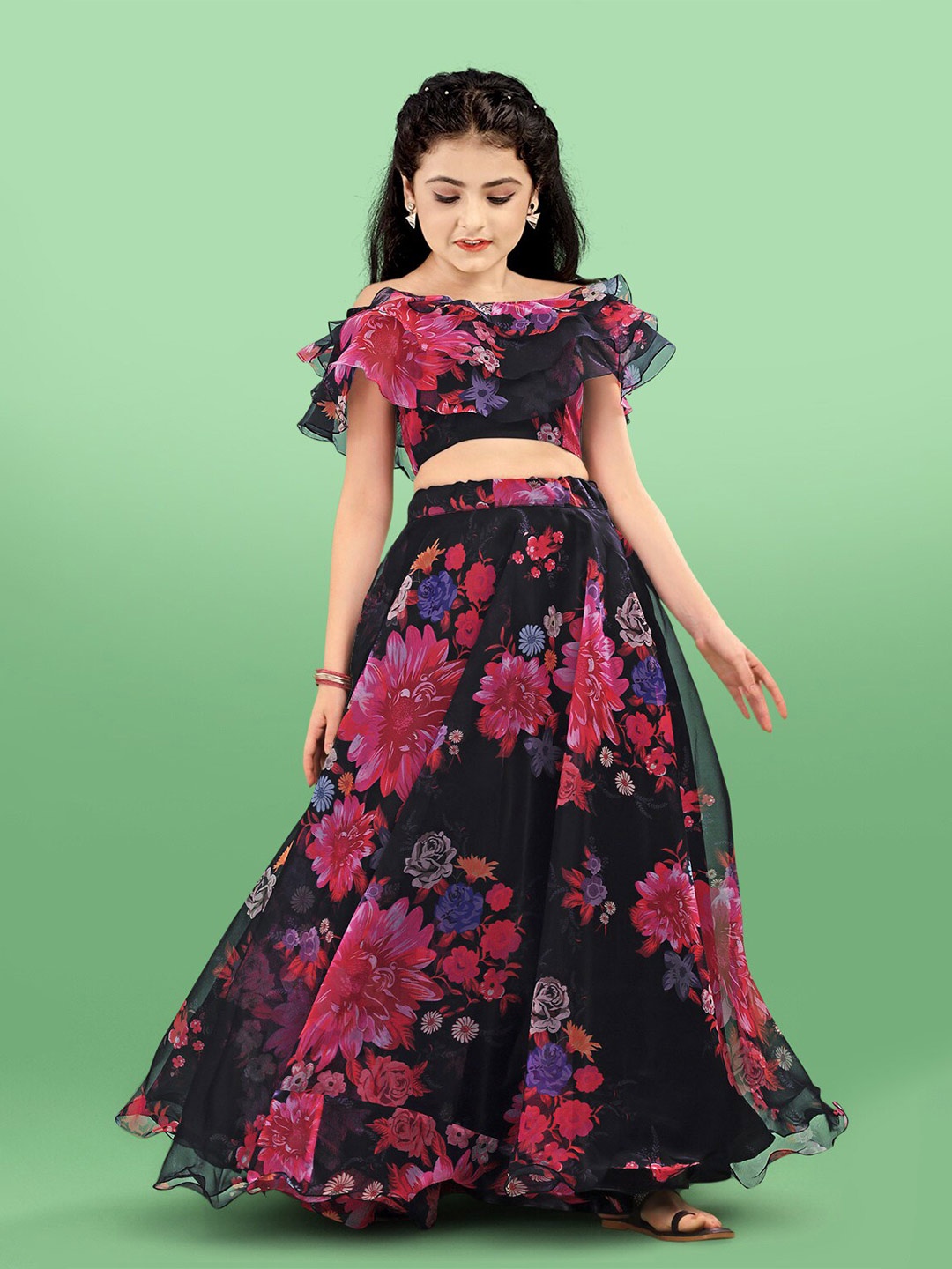 

BAESD Girls Floral Printed Short Sleeves Semi-Stitched Lehenga & Unstitched Choli, Black