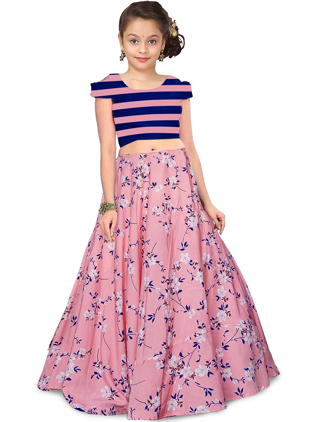 

BAESD Girls Striped Semi-Stitched Lehenga & Unstitched Choli, Pink