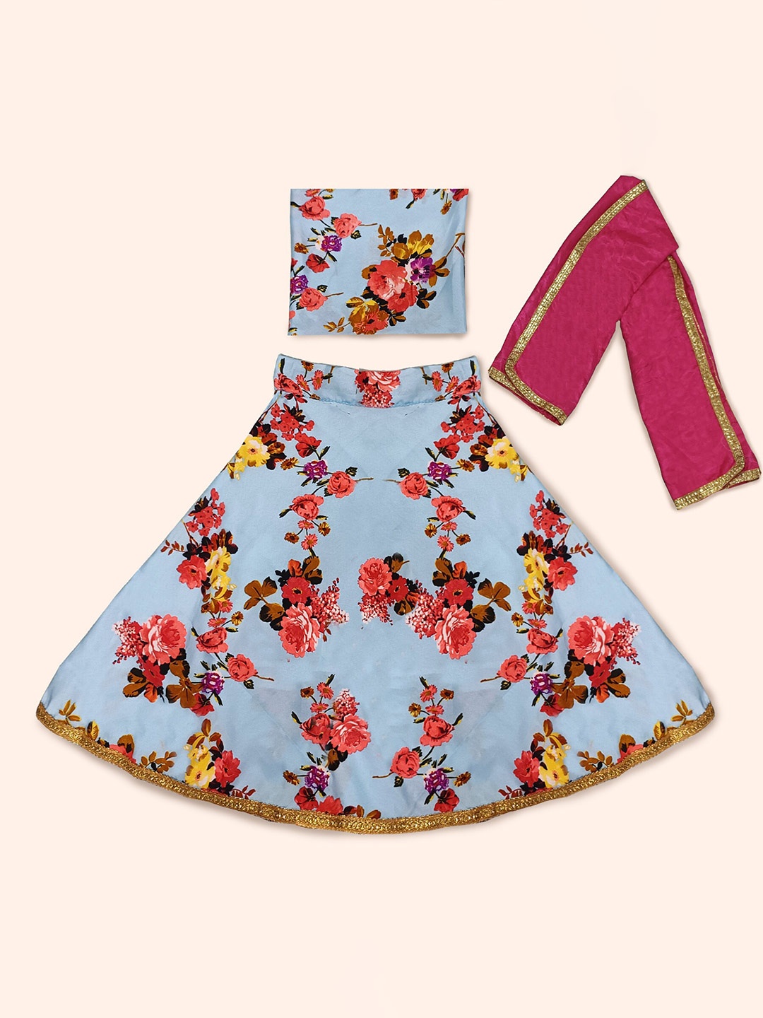 

BAESD Girls Floral Printed Semi-Stitched Lehenga & Unstitched Choli, Blue