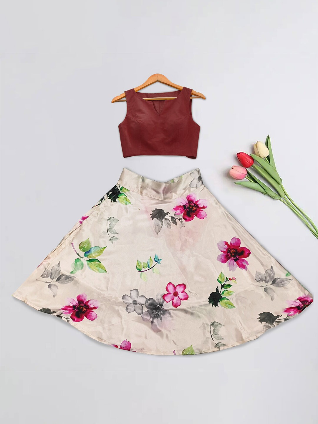 

BAESD Girls Floral Printed Semi-Stitched Lehenga & Unstitched, White