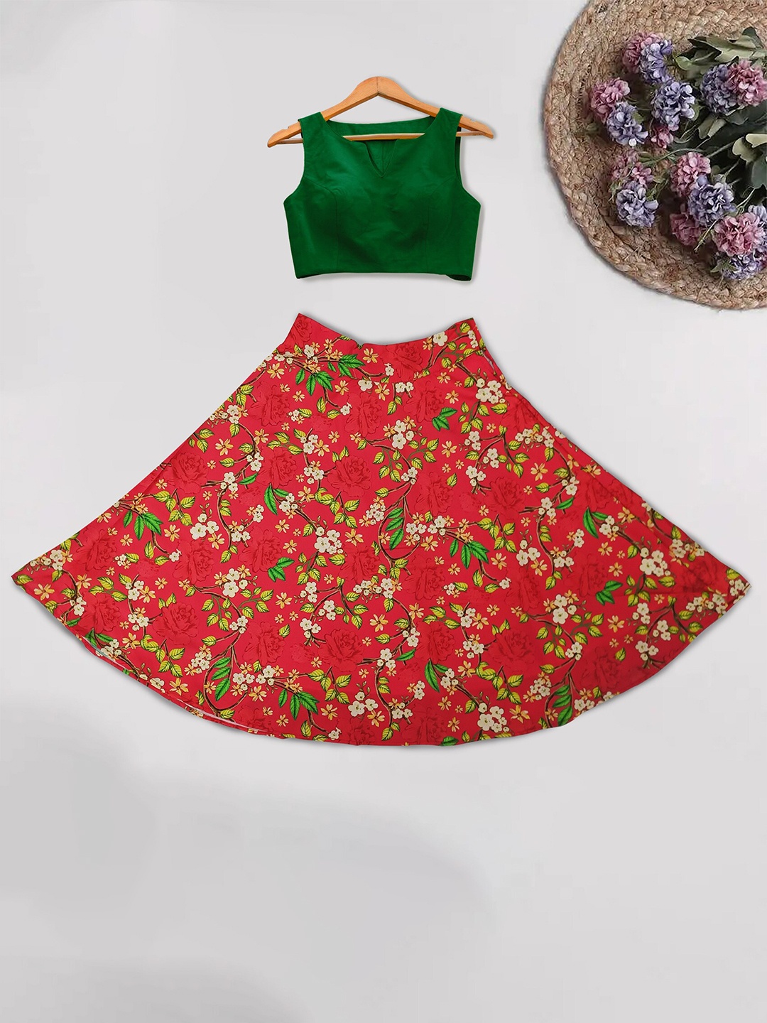 

BAESD Girls Printed Semi-Stitched Lehenga & Unstitched Choli, Red