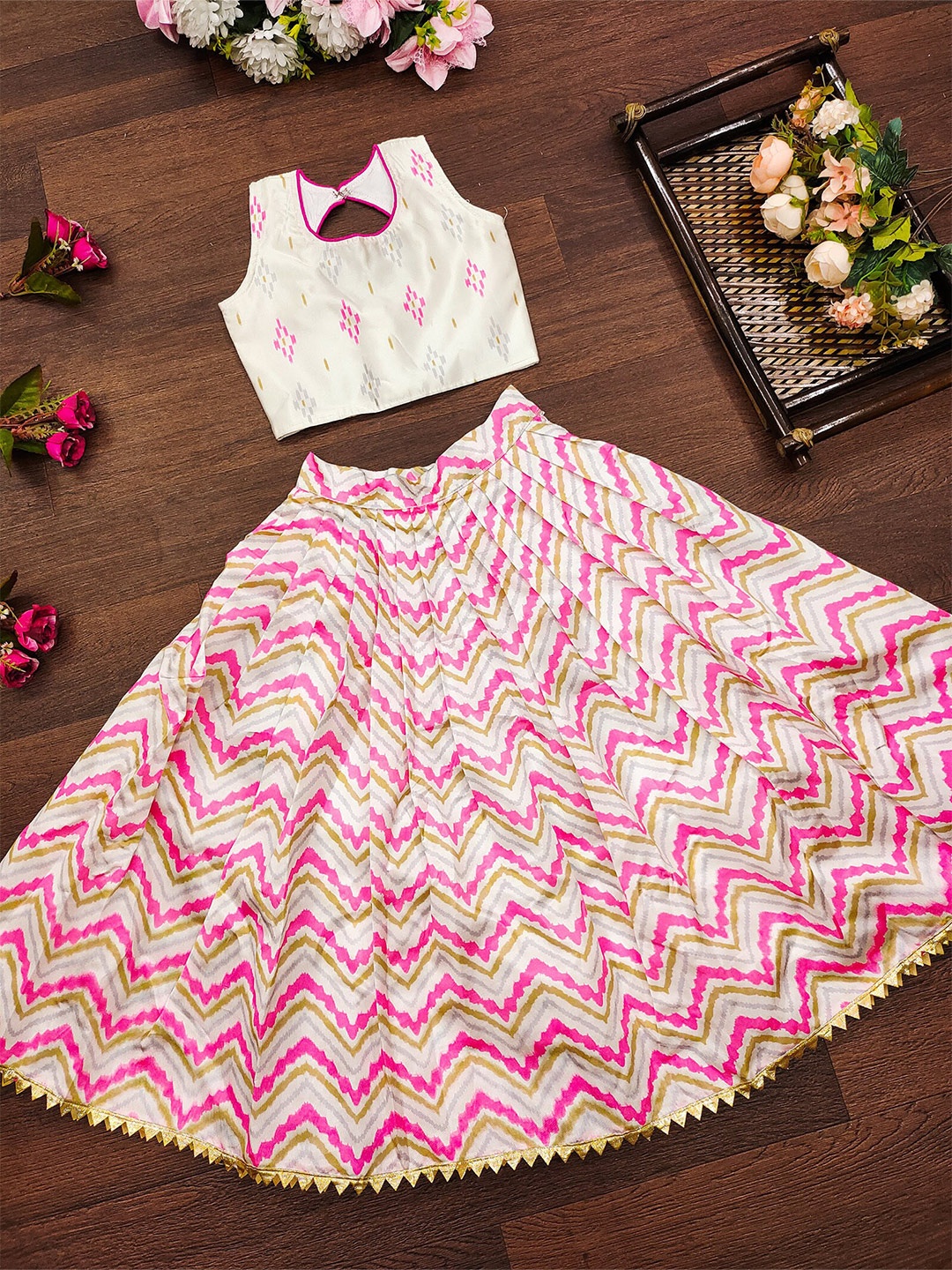 

BAESD Girls Chevron Printed Semi-Stitched Lehenga & Unstitched Choli, Pink