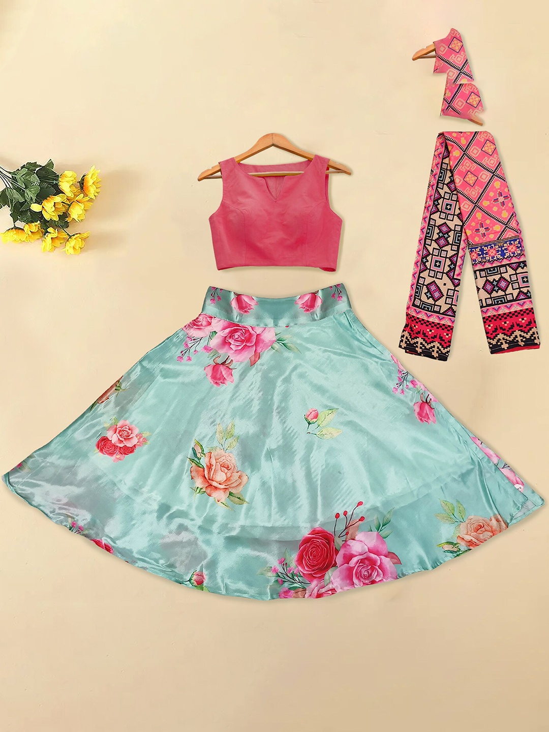 

BAESD Girls Floral Printed Semi-Stitched Lehenga & Unstitched Choli, Teal