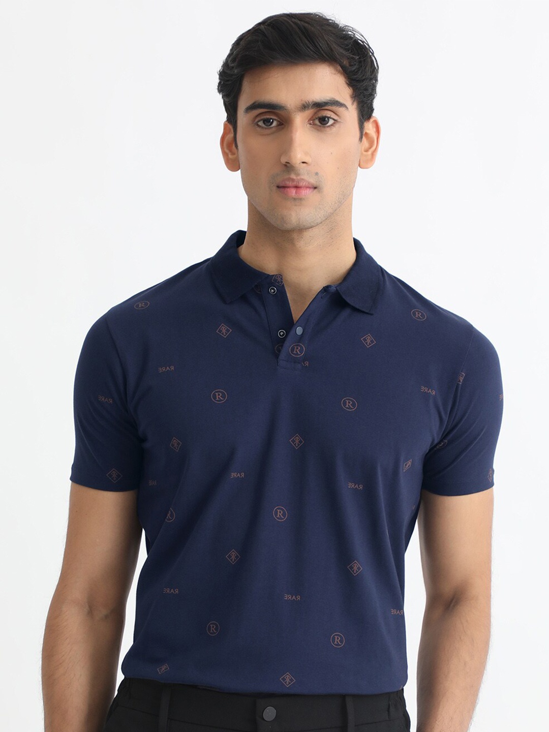 

RARE RABBIT Men Ogram Polo Collar Slim Fit Cotton T-Shirt, Navy blue