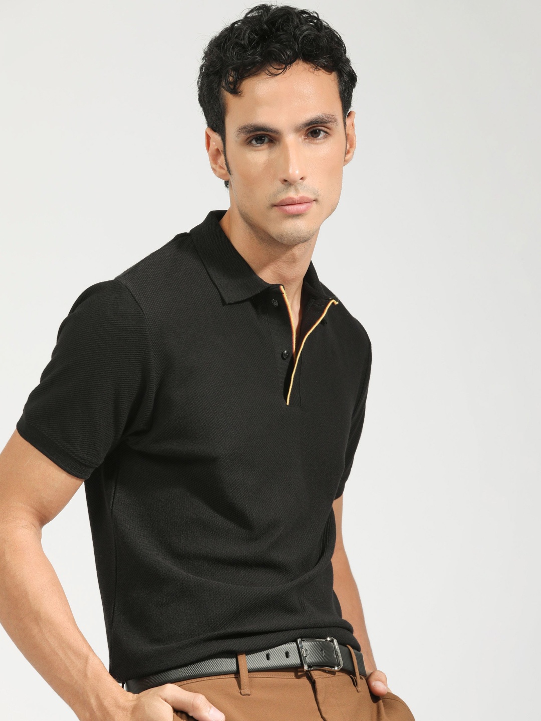 

RARE RABBIT Men Rings-4 Slim Fit Solid Polo Collar T-Shirt, Black