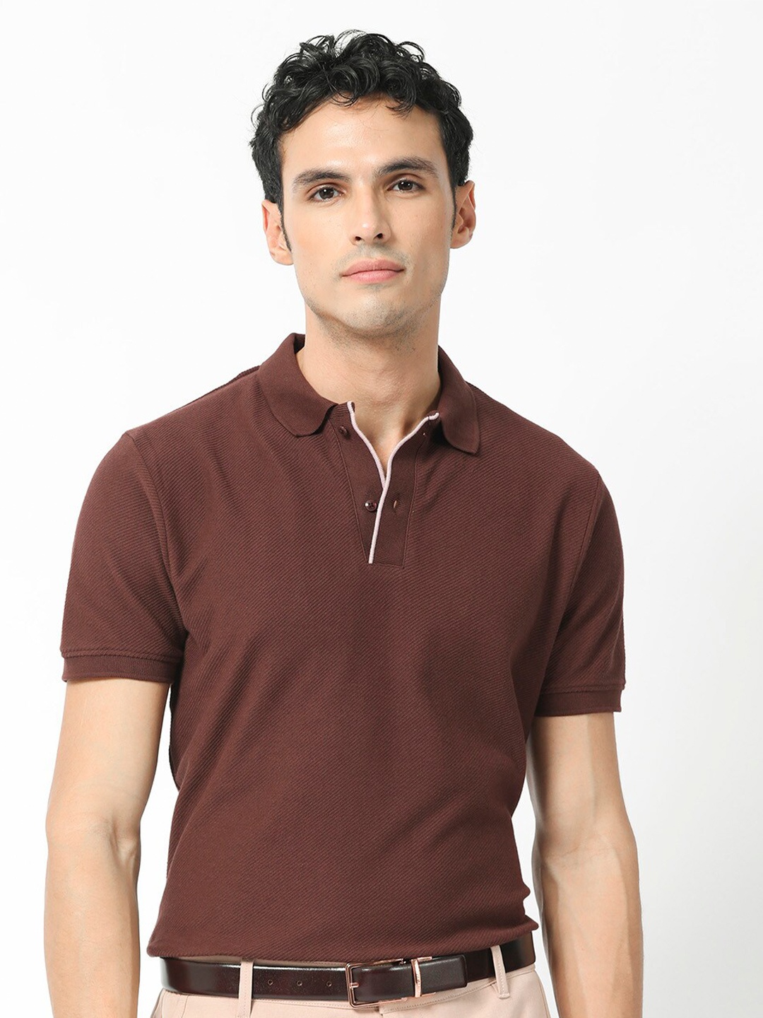 

RARE RABBIT Men Rings-4 Slim Fit Solid Polo Collar T-Shirt, Brown