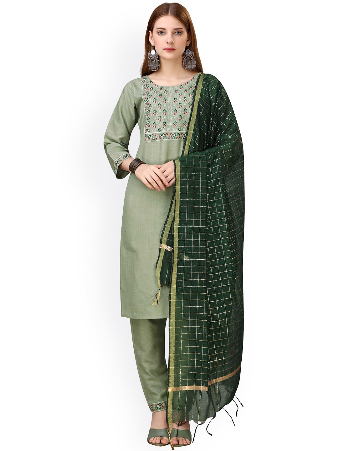 

KALINI Ethnic Motifs Yoke Design Regular Thread Work Kurta with Trousers & With Dupatta, Green