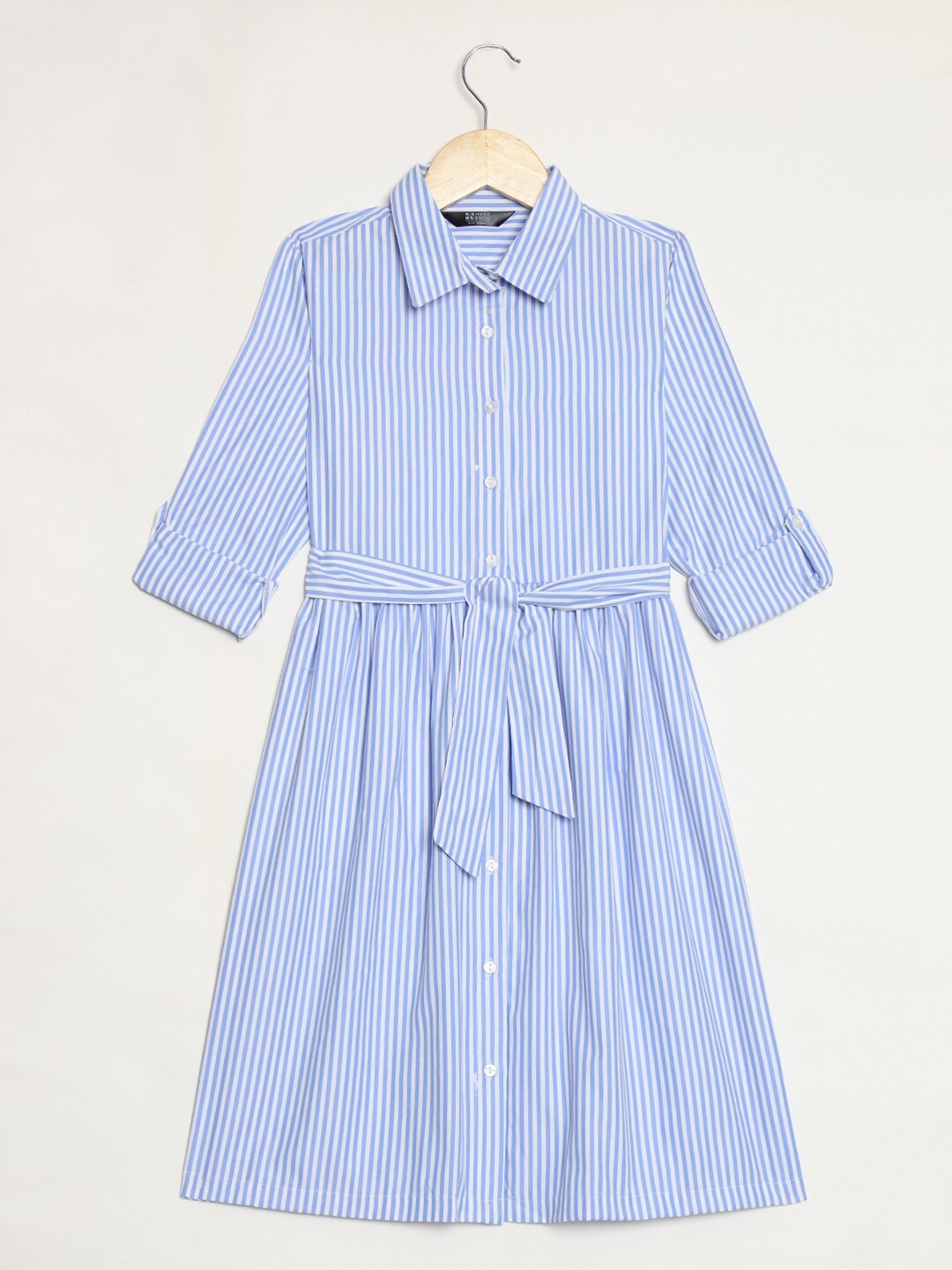 

HERE&NOW Girls Striped Belted Roll-Up Sleeves Shirt Dress, Blue