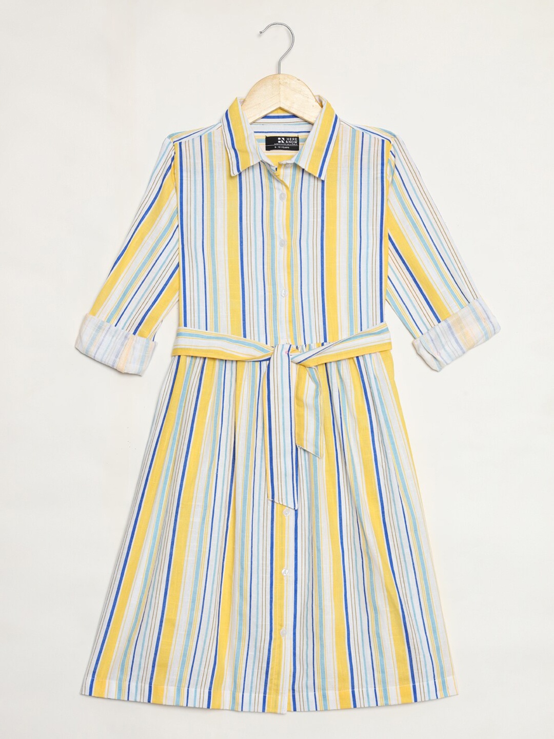 

HERE&NOW Girls Striped Belted Cuffed Sleeves Shirt Dress, Yellow