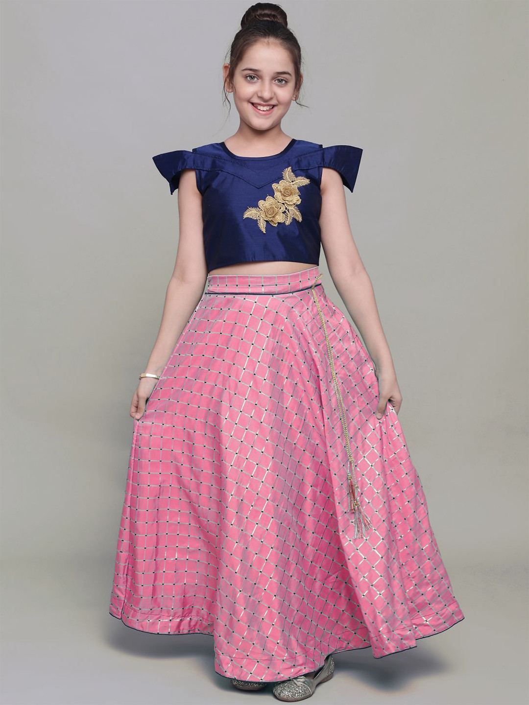 

BAESD Girls Embellished Patchwork Cold-Shoulder Sleeves Ready to Wear Lehenga, Pink