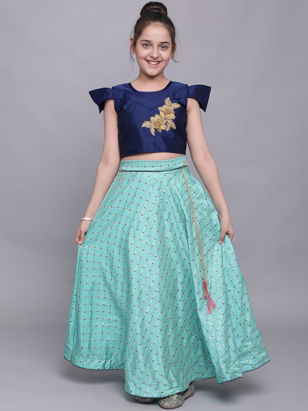 

BAESD Girls Embellished Patchwork Ready To Wear Lehenga Choli, Turquoise blue