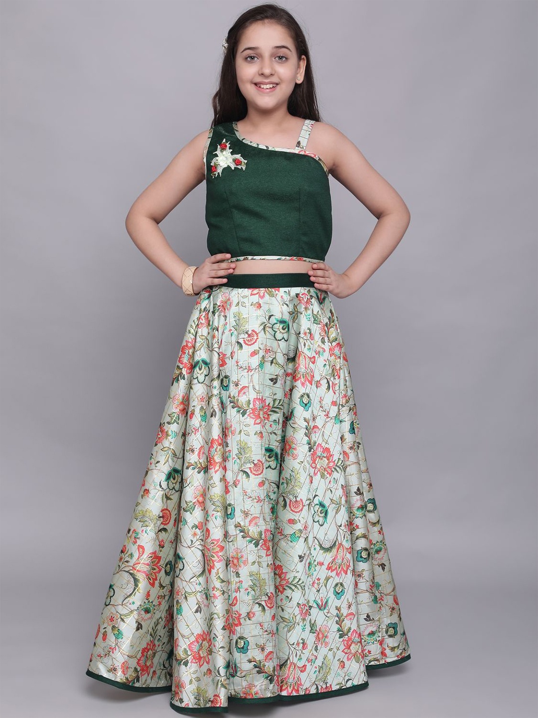 

BAESD Girls Floral Printed Ready to Wear Lehenga Choli, Green
