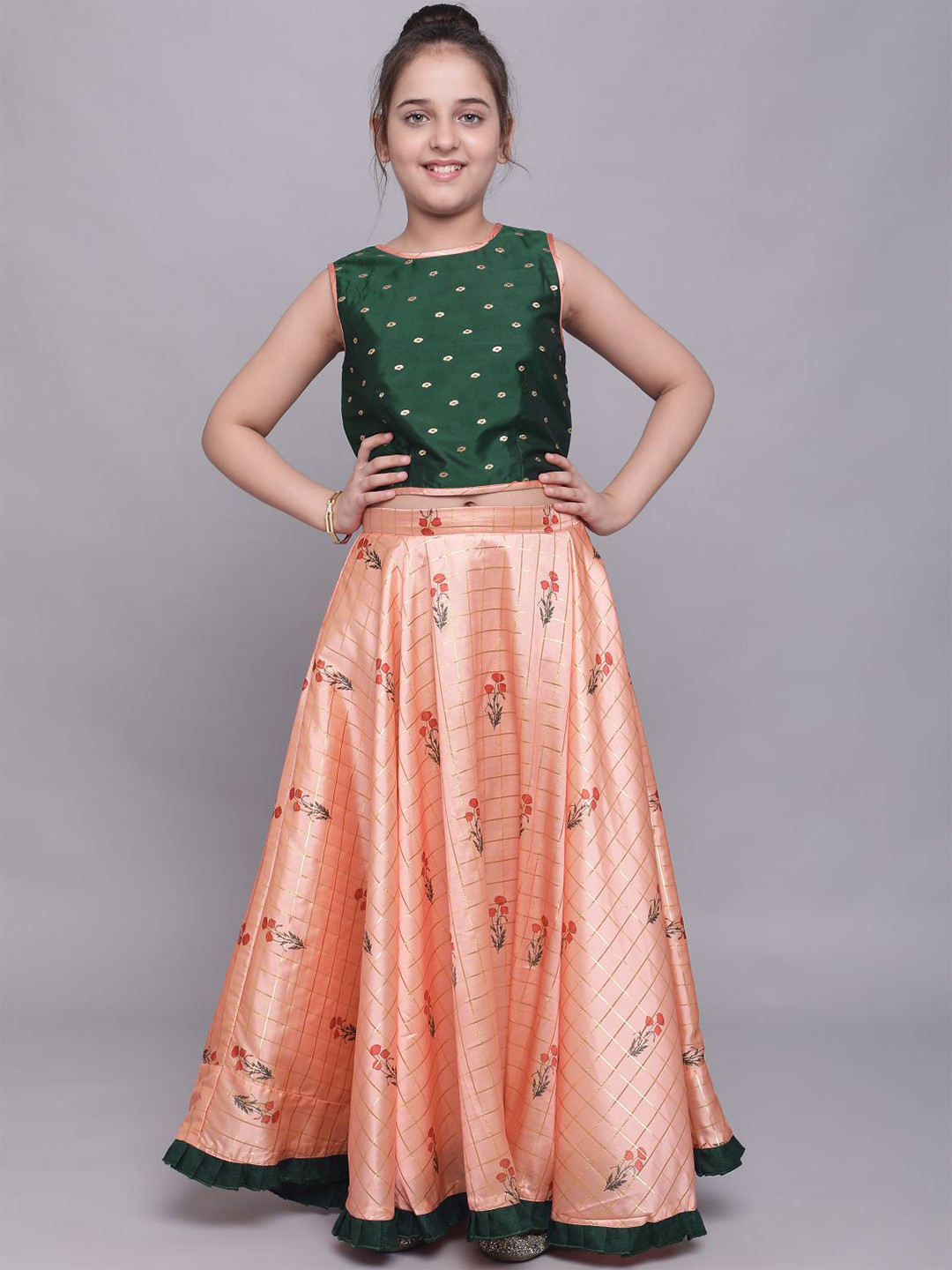 

BAESD Girls Floral Woven Design Ready To Wear Lehenga Choli, Coral