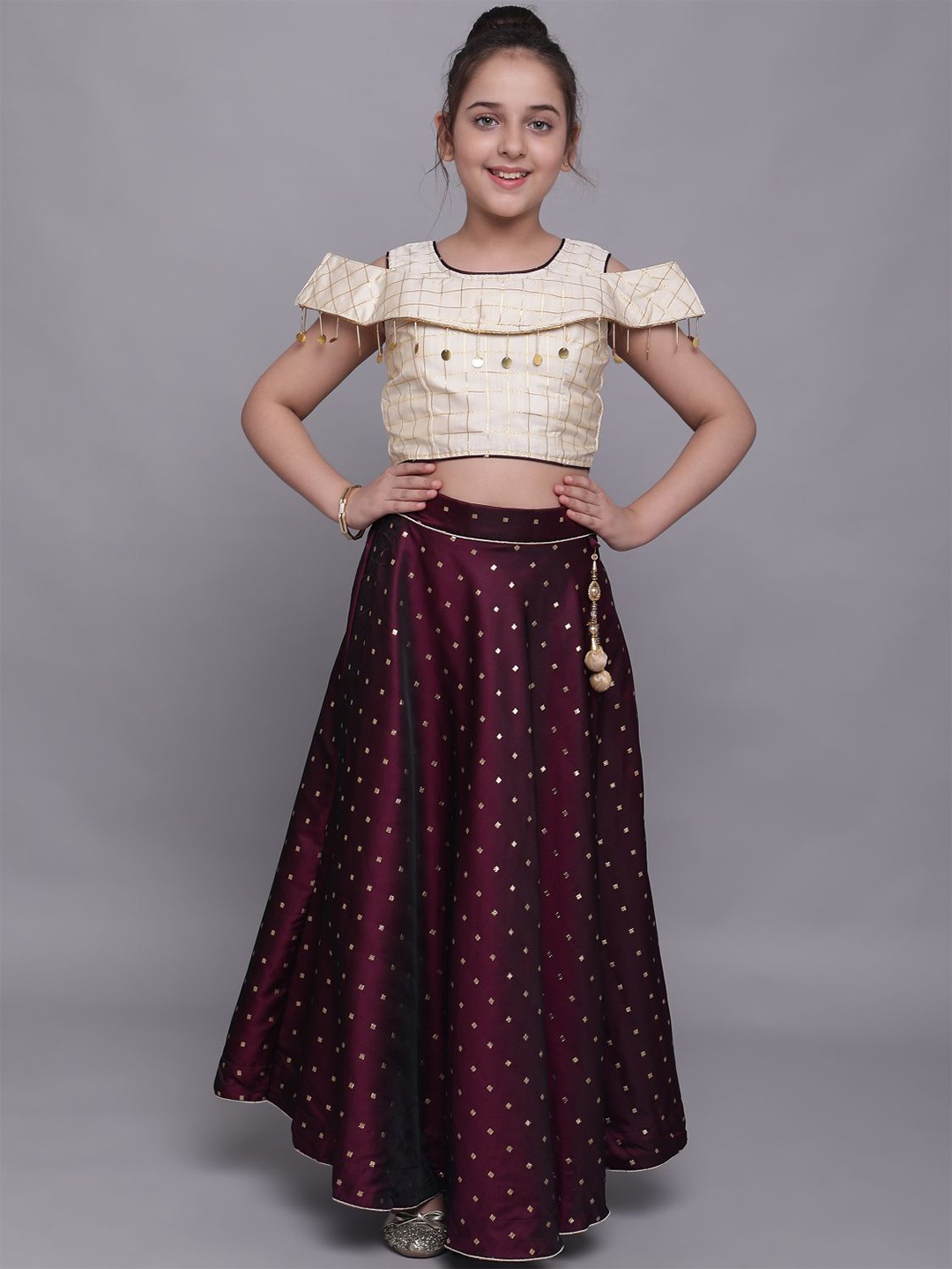 

BAESD Girls Woven Design Cold-Shoulder Sleeves Ready to Wear Lehenga, Purple