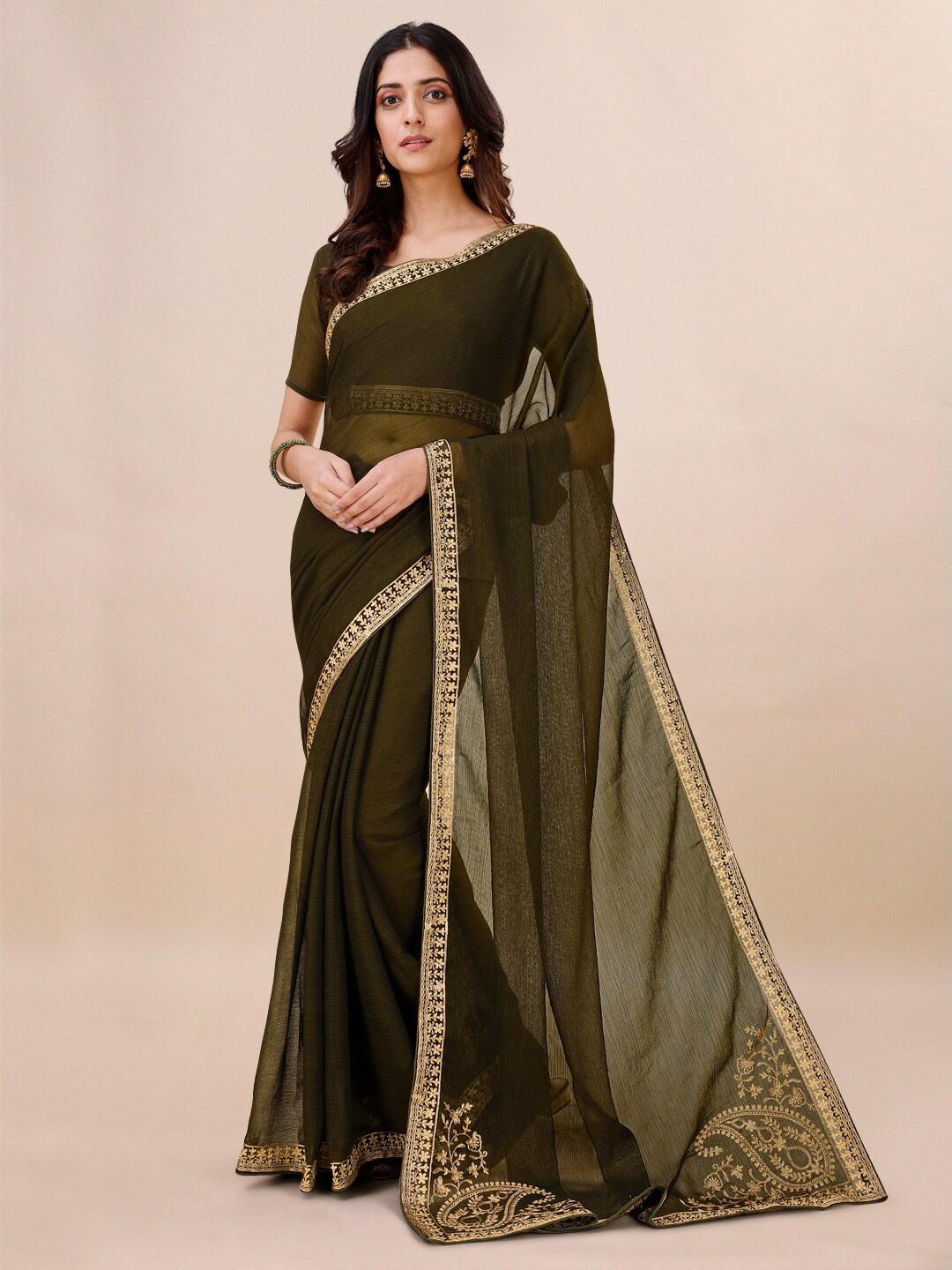 

Mitera Green And Gold Embroidered Pure Georgette Saree