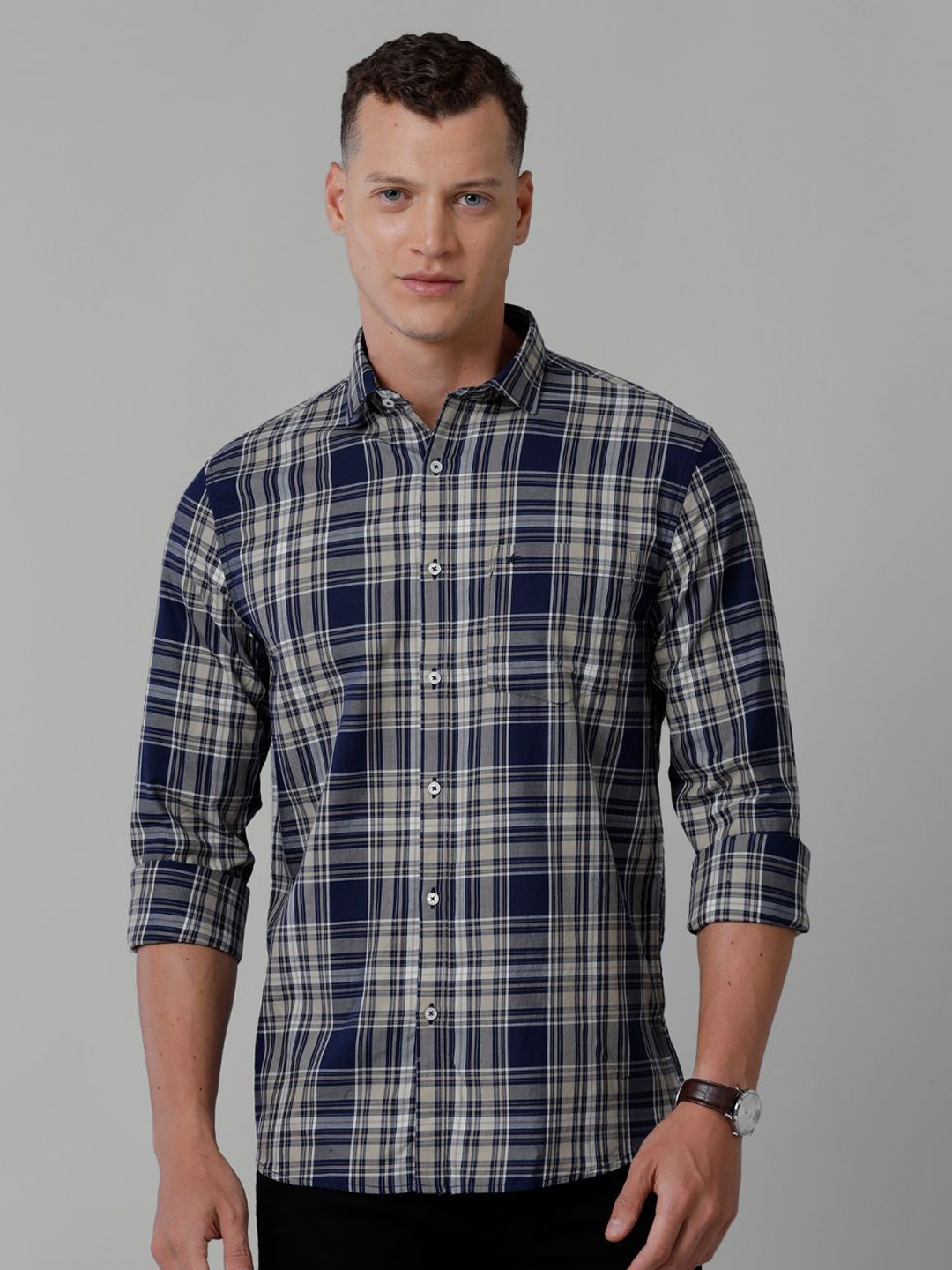 

CROYDON UK Indian Slim Fit Tartan Checked Oxford Cotton Casual Shirt, Navy blue