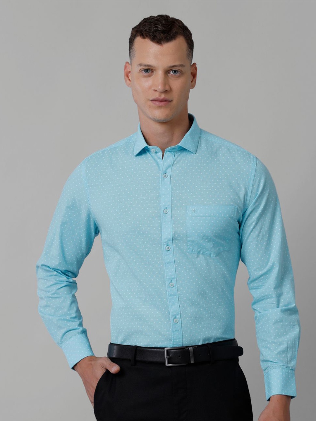 

CROYDON UK Indian Slim Fit Polka Dot Printed Cotton Formal Shirt, Blue