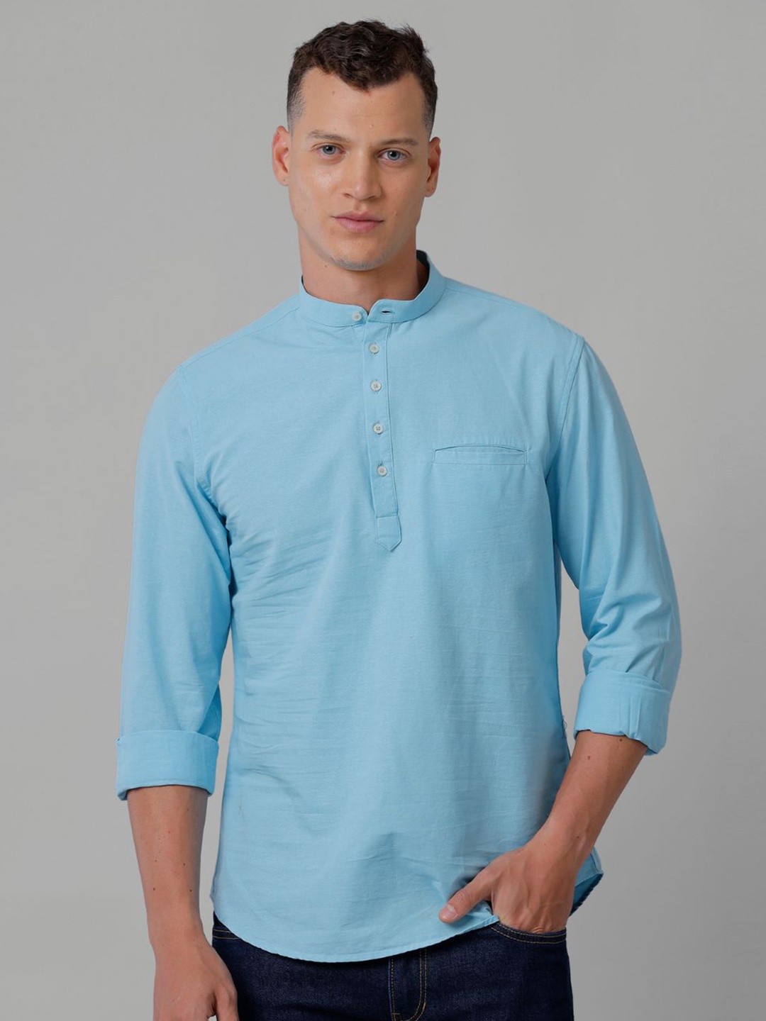 

CROYDON UK India Slim Slim Fit Mandarin Collar Cotton Linen Casual Shirt, Blue