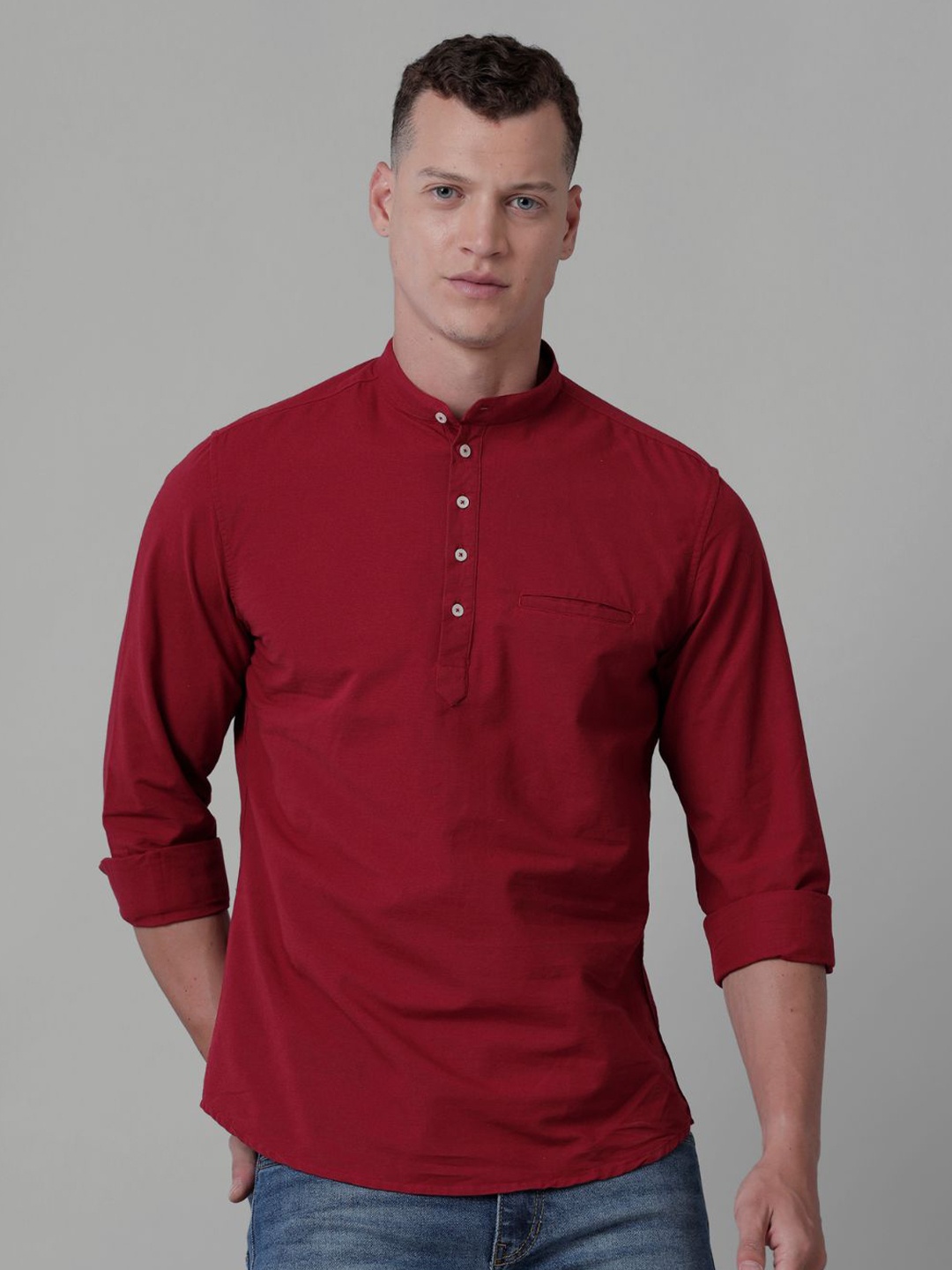 

CROYDON UK Indian Slim Fit Band Collar Cotton Linen Casual Shirt, Maroon