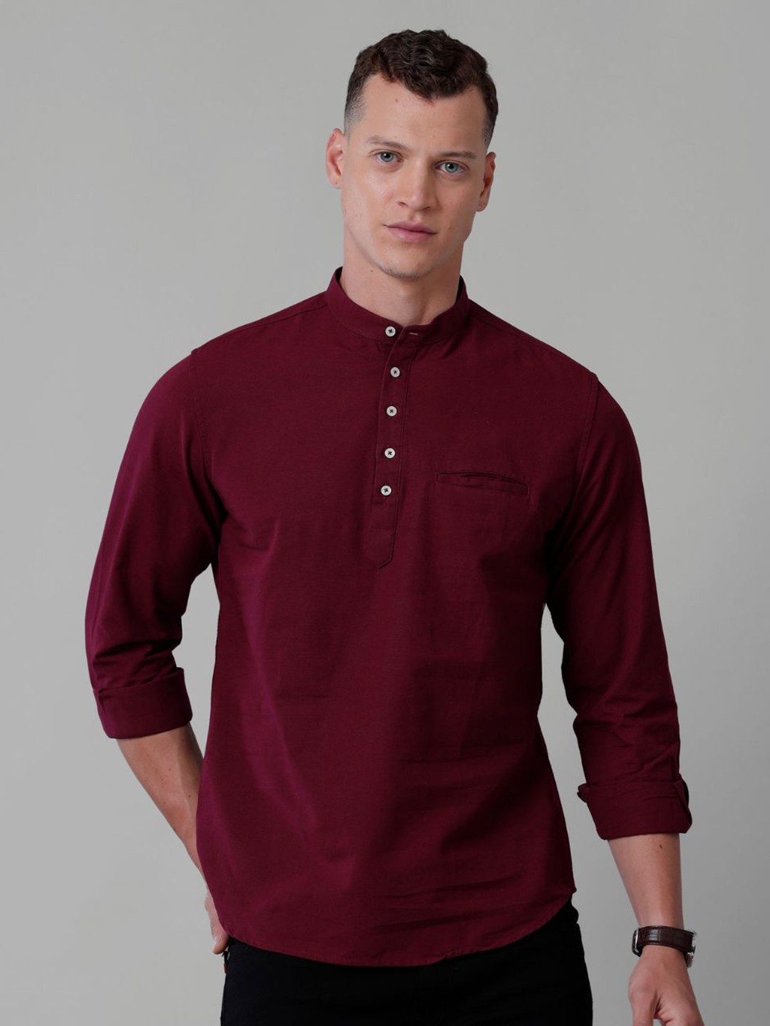 

CROYDON UK Indian Slim Fit Band Collar Cotton Linen Casual Shirt, Maroon