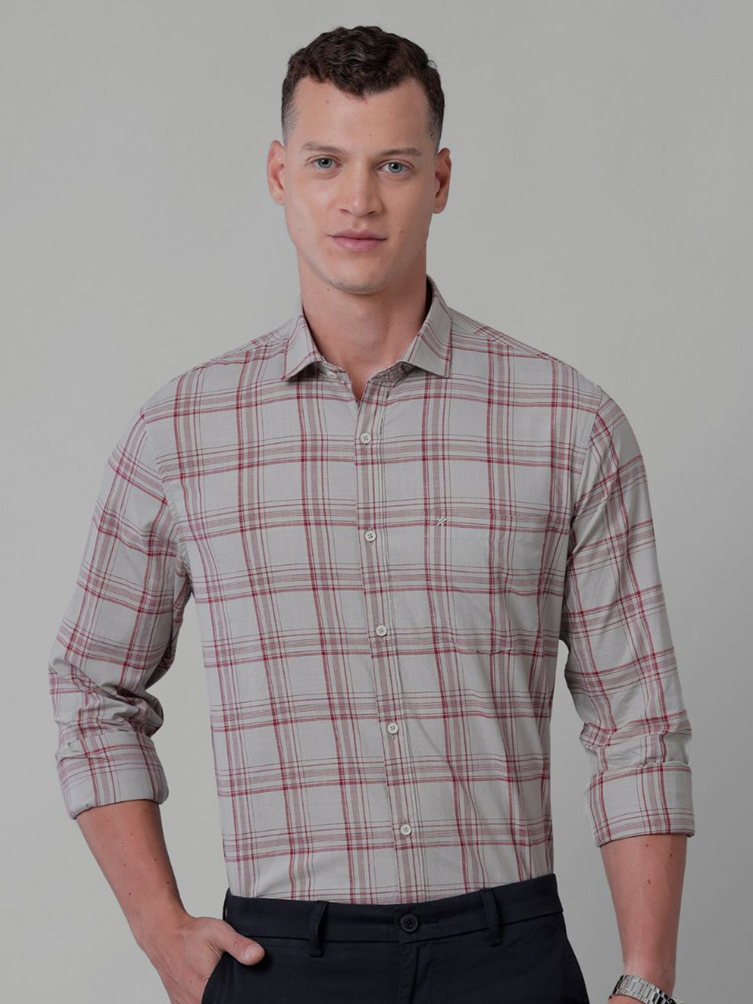 

CROYDON UK India Slim Fit Opaque Checked Casual Shirt, Grey