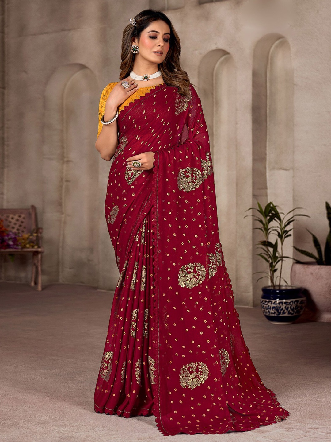 

Saree mall Maroon Bandhani Pure Chiffon Bandhani Sarees