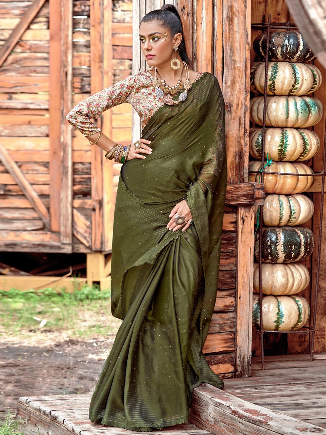 

Saree mall Embellished Beads Stones Poly Chiffon Sarees, Olive