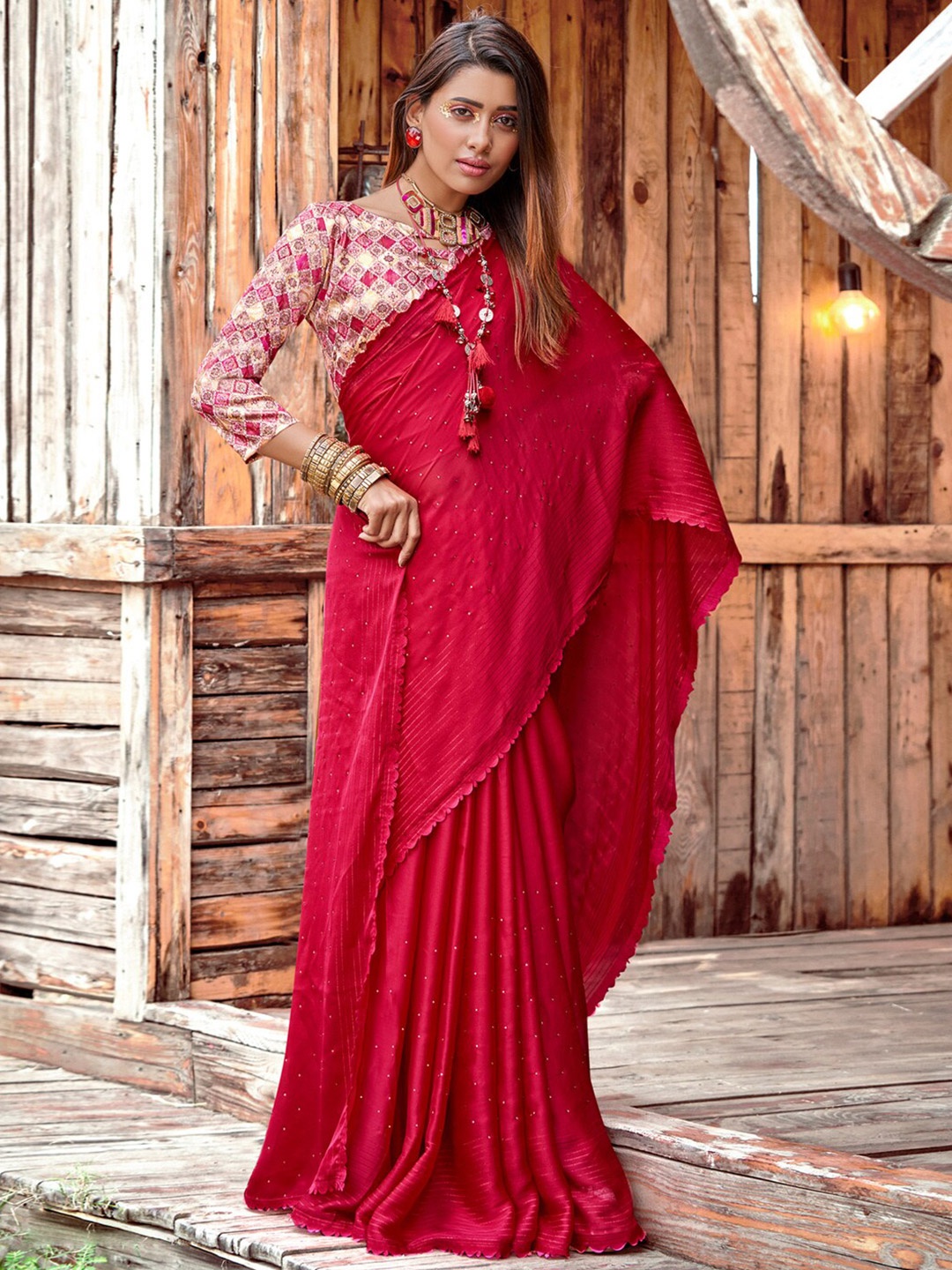 

Saree mall Pink Embellished Beads and Stones Poly Chiffon Sarees