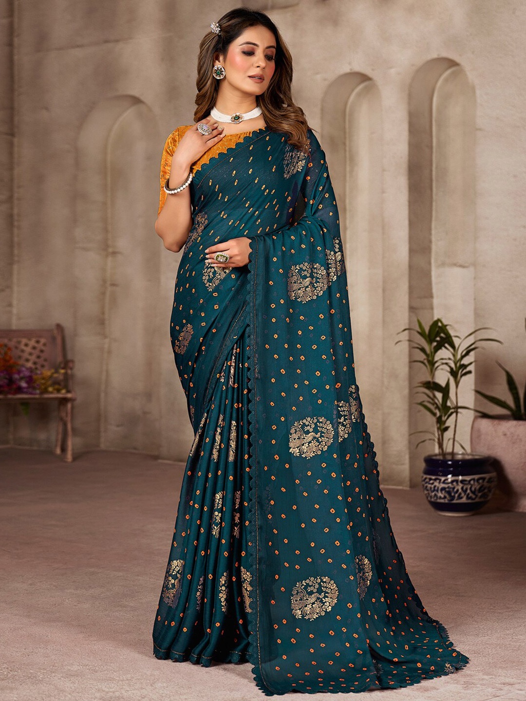 

Saree mall Bandhani Embellished Pure Chiffon Bandhani Saree, Teal