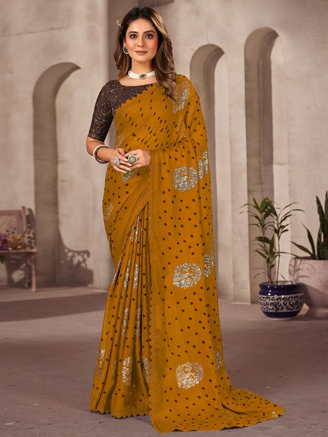 

Saree mall Bandhani Embellished Poly Chiffon Bandhani Saree, Mustard