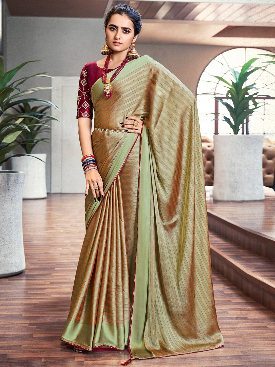 

Saree mall Striped Embellished Satin Saree, Olive