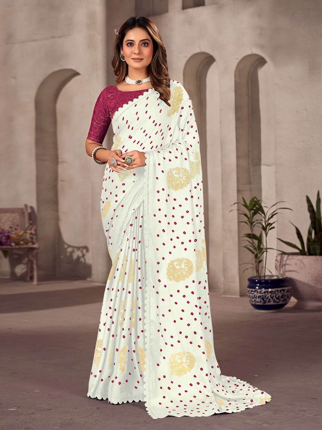 

Saree mall Printed Pure Chiffon Bandhani Sarees, White