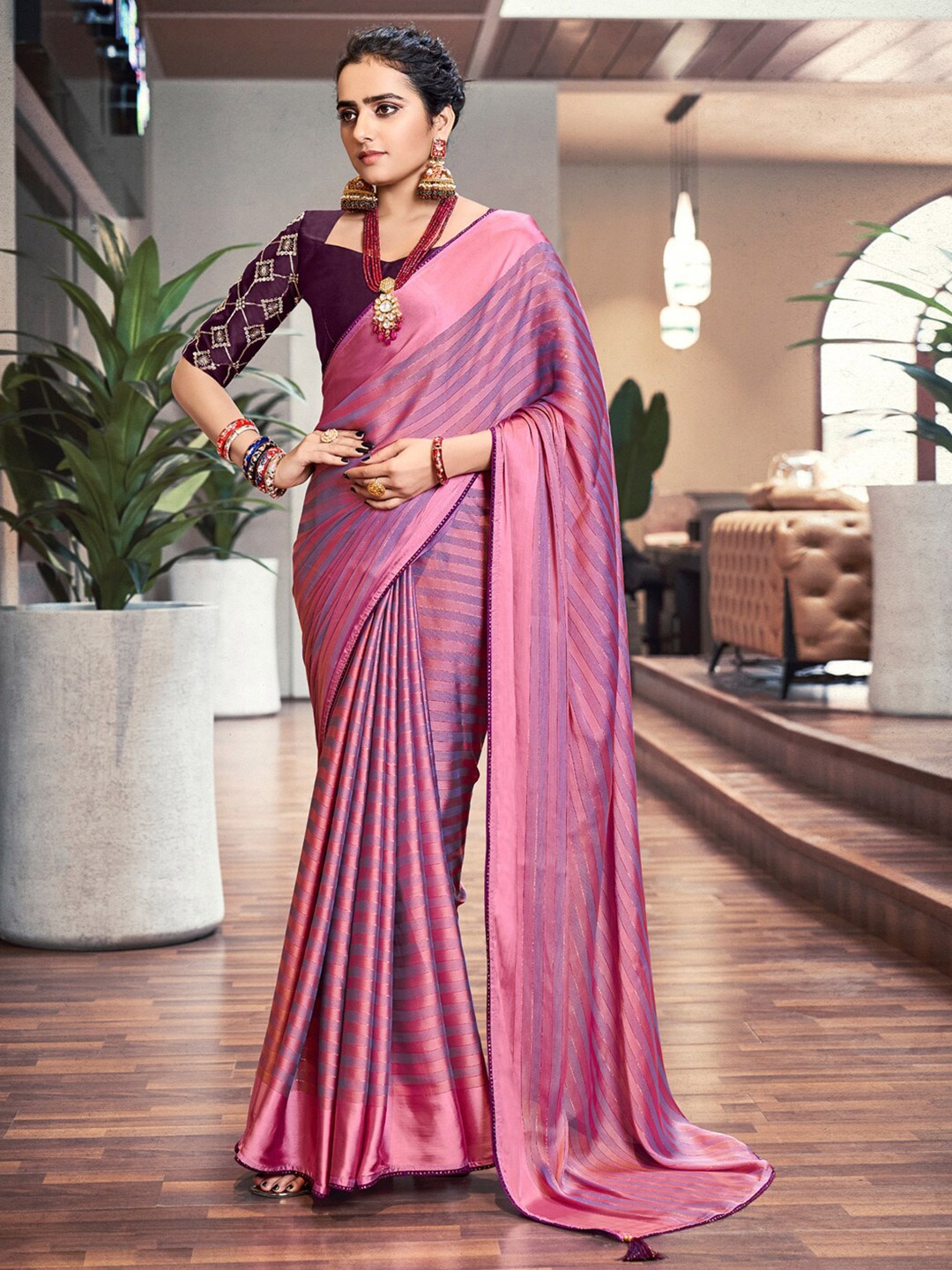 

Saree mall Magenta & Purple Striped Zari Saree