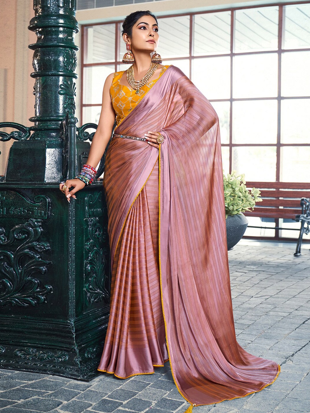 

Saree mall Striped Satin Sarees, Mauve