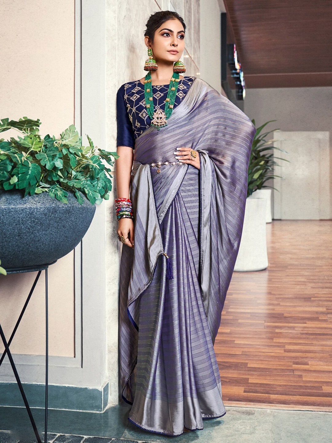 

Saree mall Striped Satin Saree, Grey