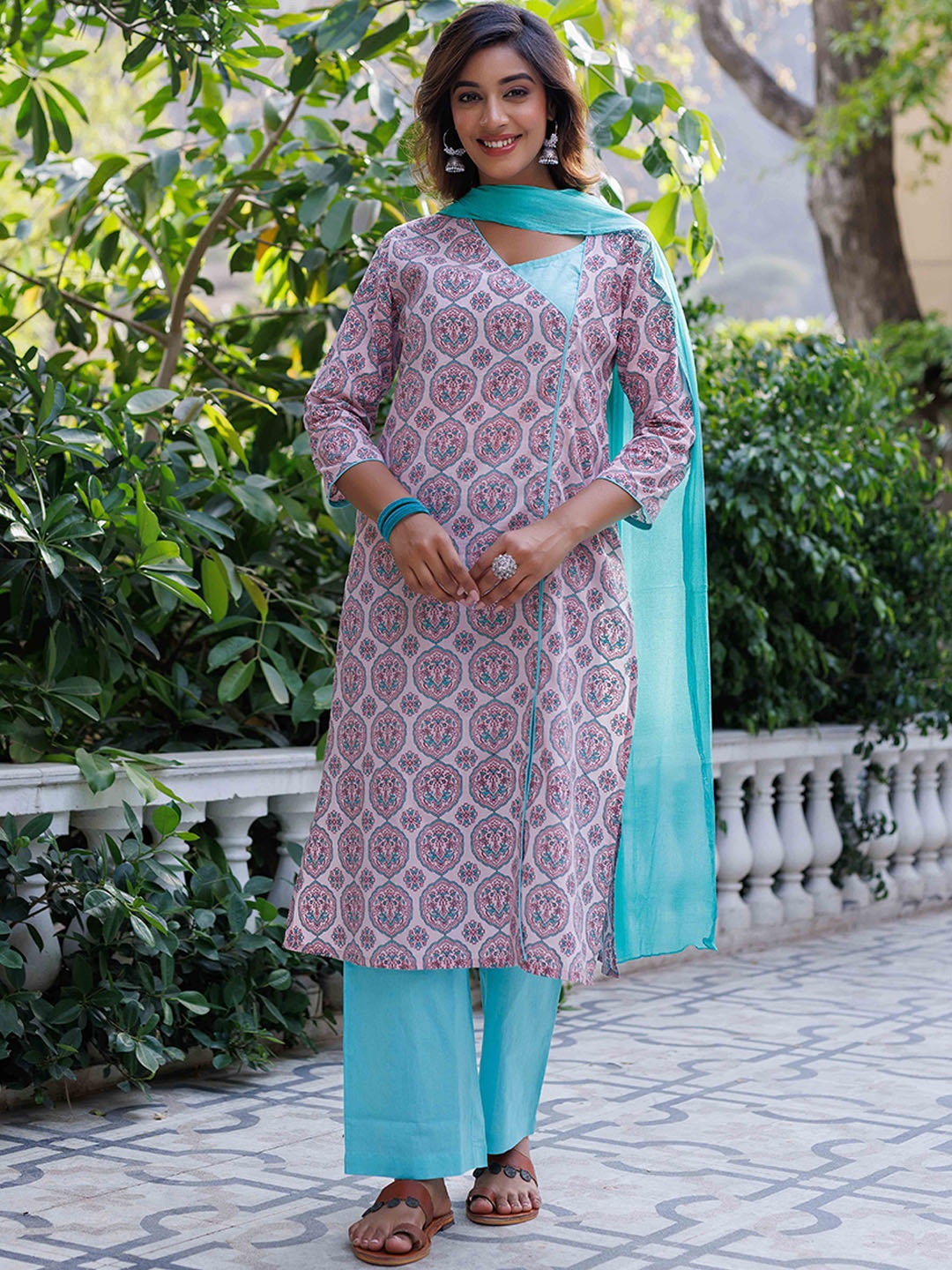 

Ragavi Ethnic Motifs Printed Angrakha Pure Cotton Kurta With Palazzos & Dupatta, Peach