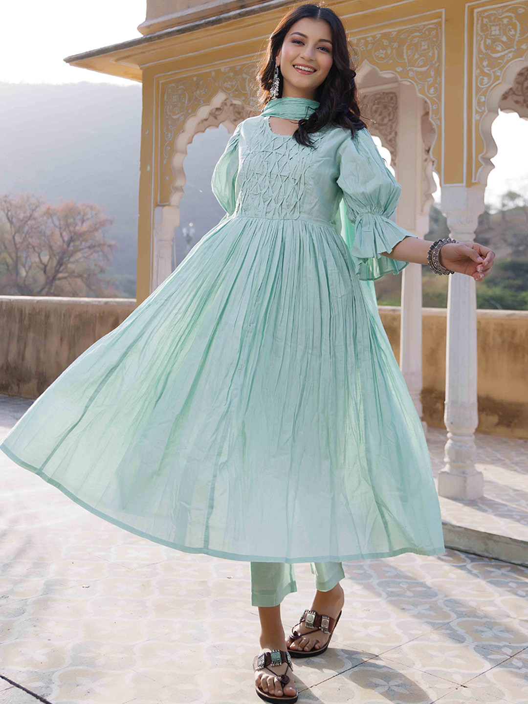 

Ragavi Geometric Self Design Pure Cotton Kurta with Trousers & Dupatta, Green
