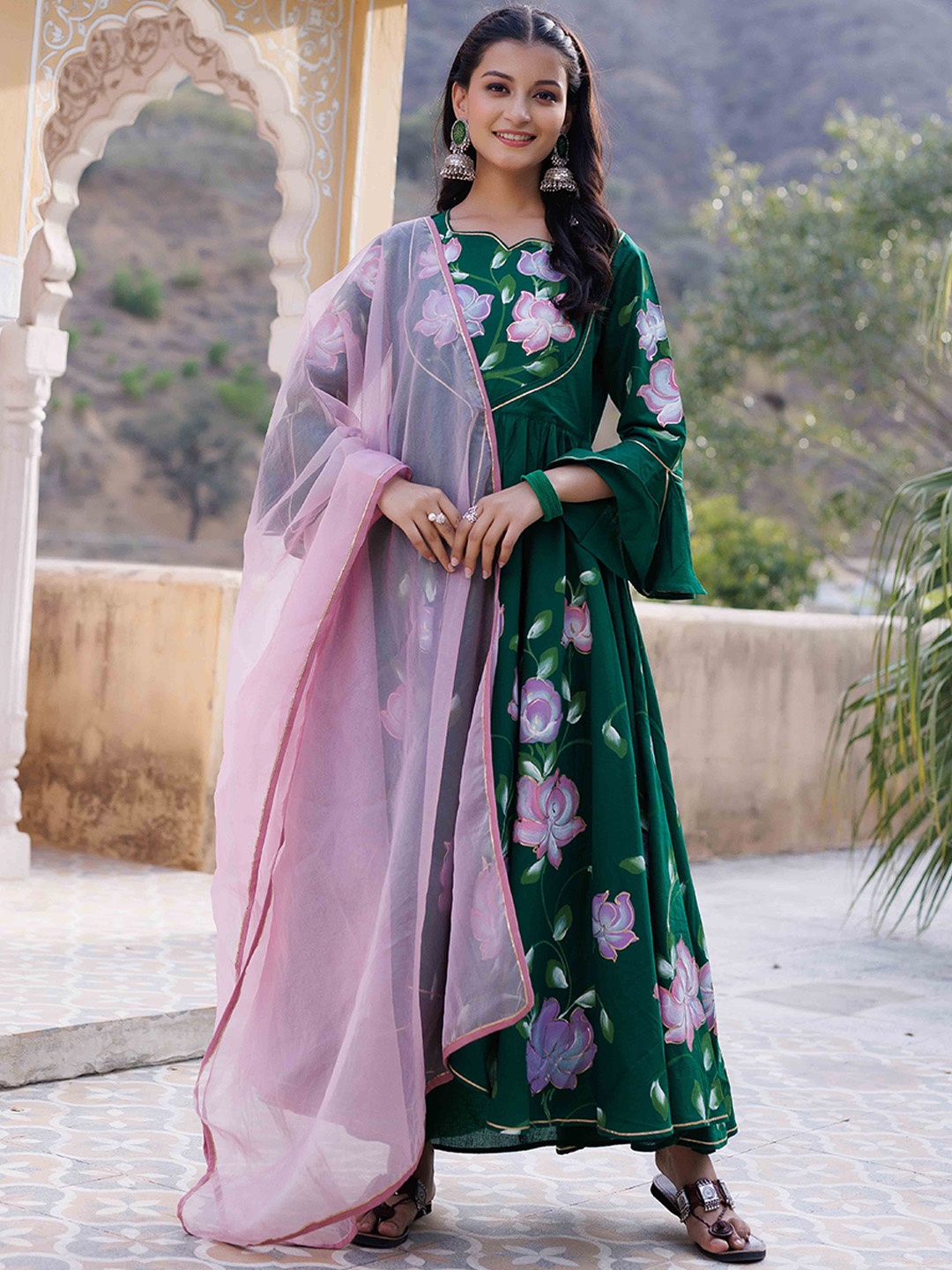 

Ragavi Floral Printed Pure Cotton Gotta Patti Empire Kurta With Trousers & Dupatta, Green