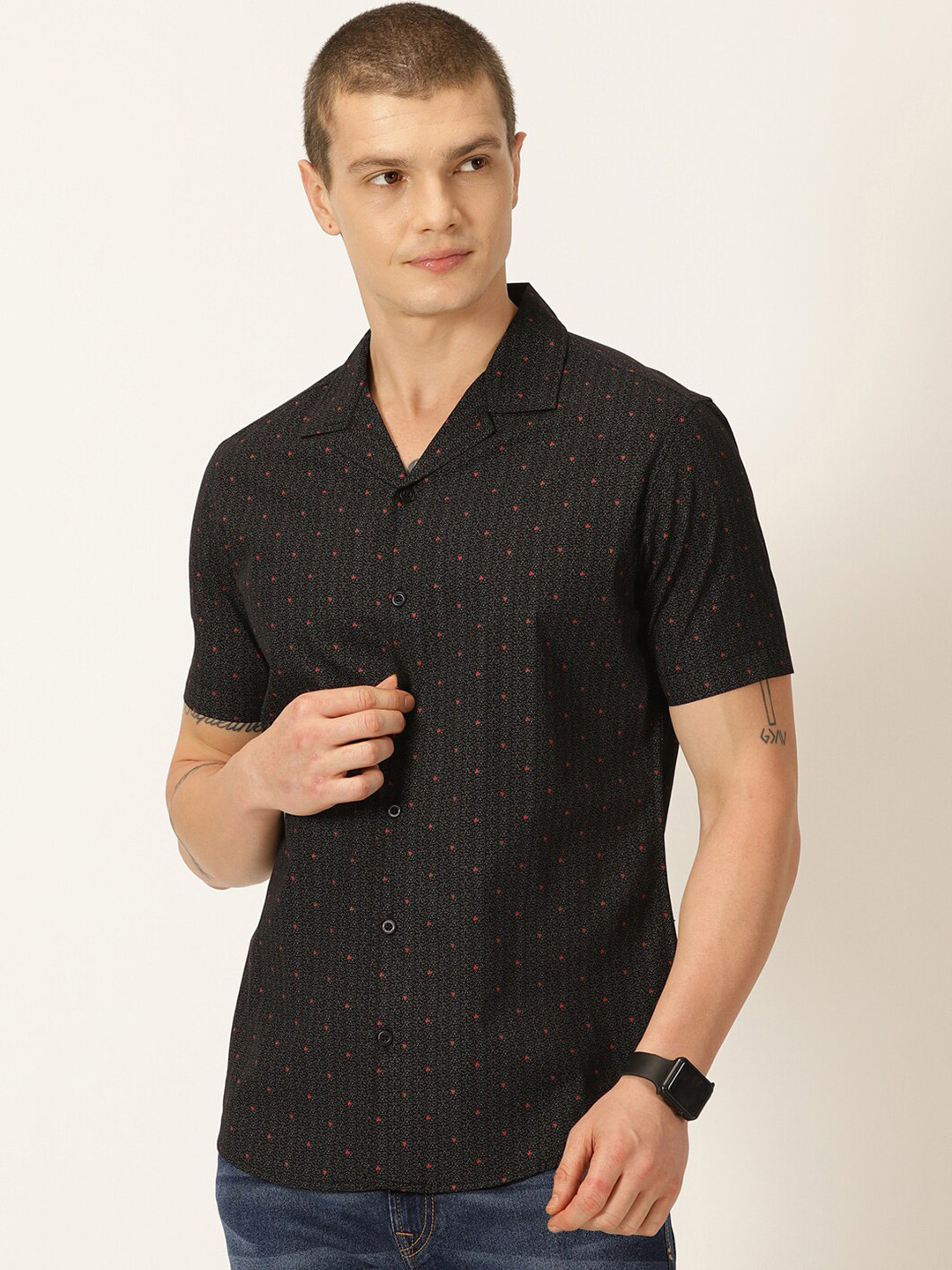 

Moda Rapido Classic Micro Ditsy Printed Cuban Collar Pure Cotton Slim Fit Casual Shirt, Black