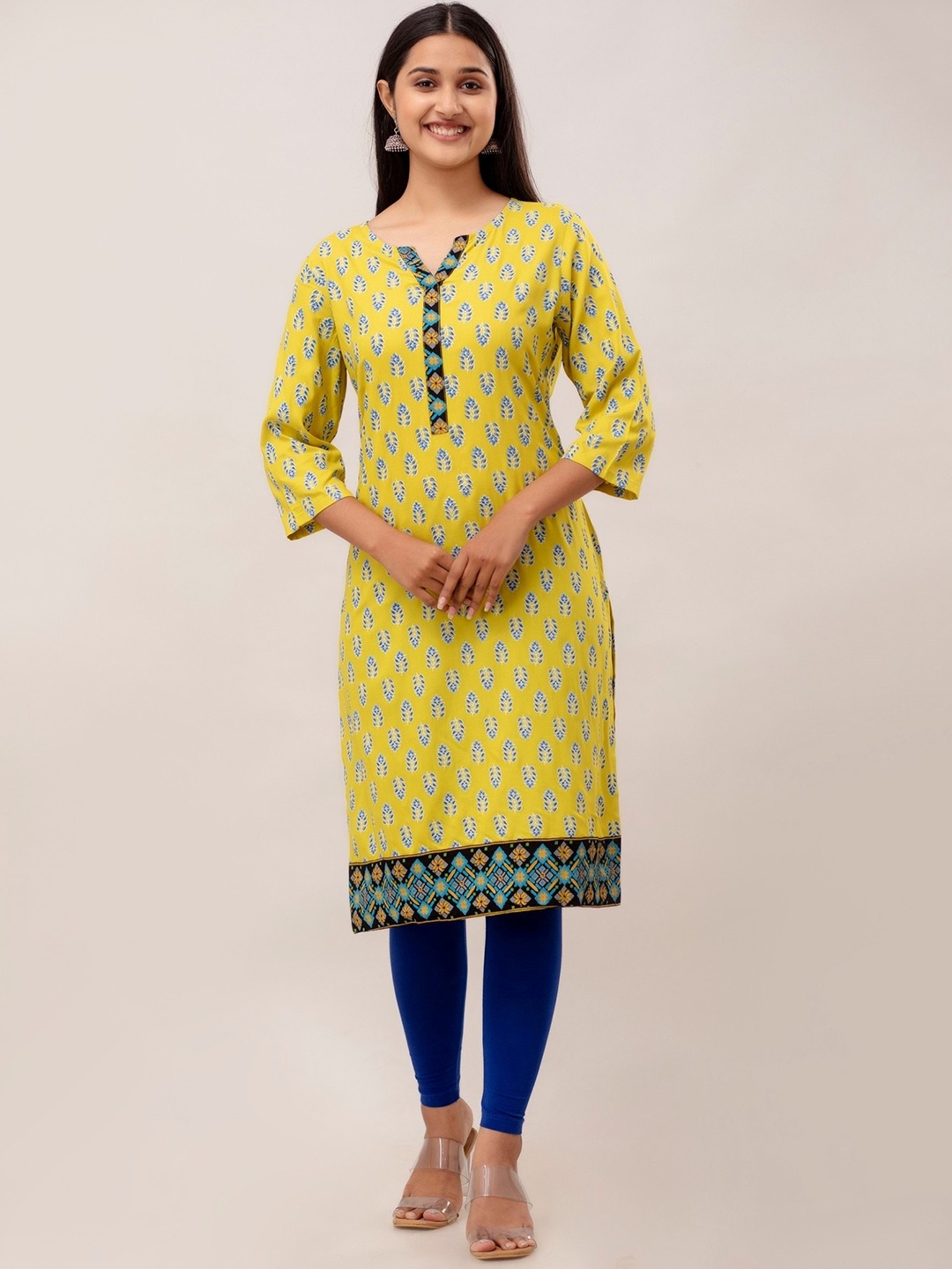HERE&NOW Floral Printed Round Neck Straight Kurta, Green