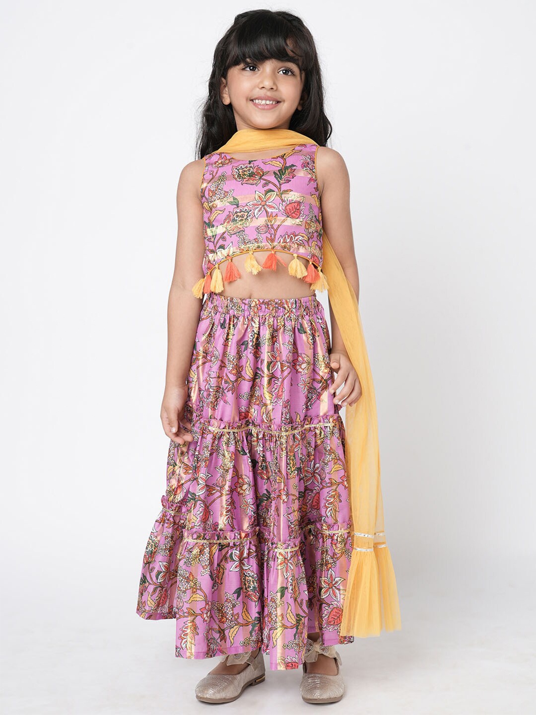 

LIL DRAMA Girls Floral Printed Ready to Wear Lehenga & Blouse With Dupatta, Purple