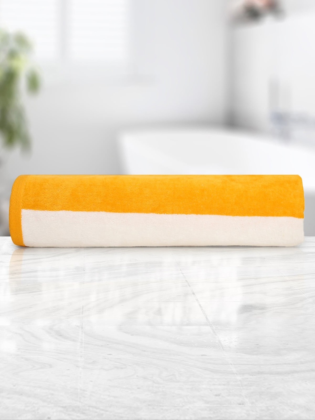 

HOMETALES Orange & White Striped 360 GSM Pure Cotton Bath Towel