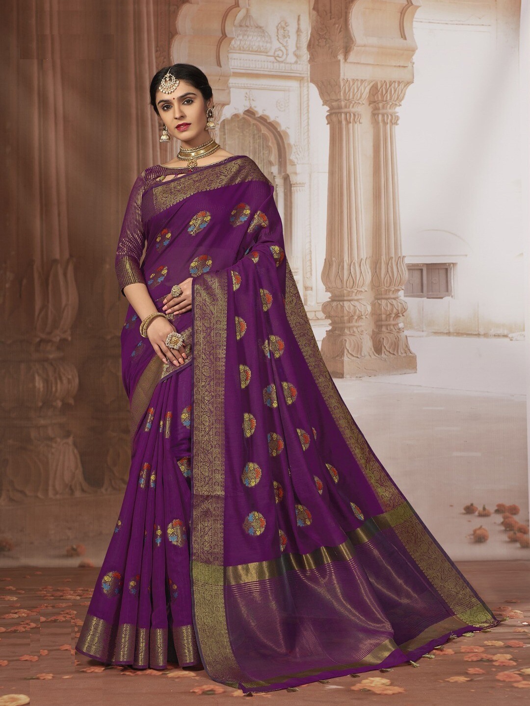 

GAJARAI Floral Woven Design Zari Chanderi Saree, Purple