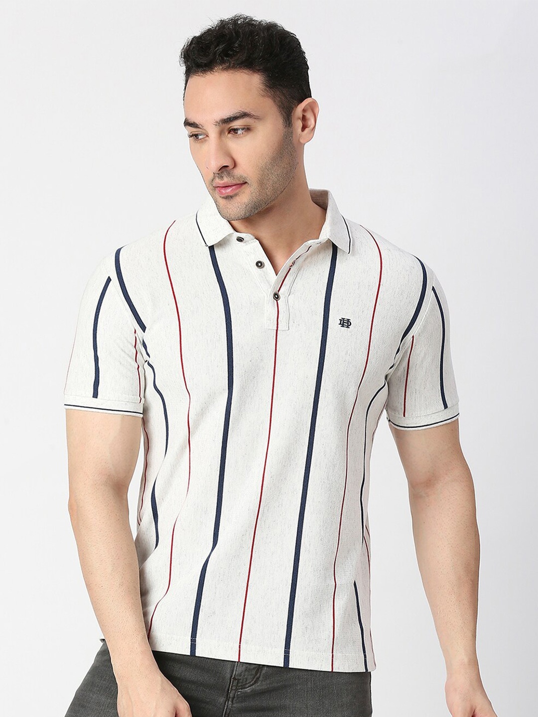 

DRAGON HILL Striped Polo Collar Slim Fit Cotton Casual T-shirt, White