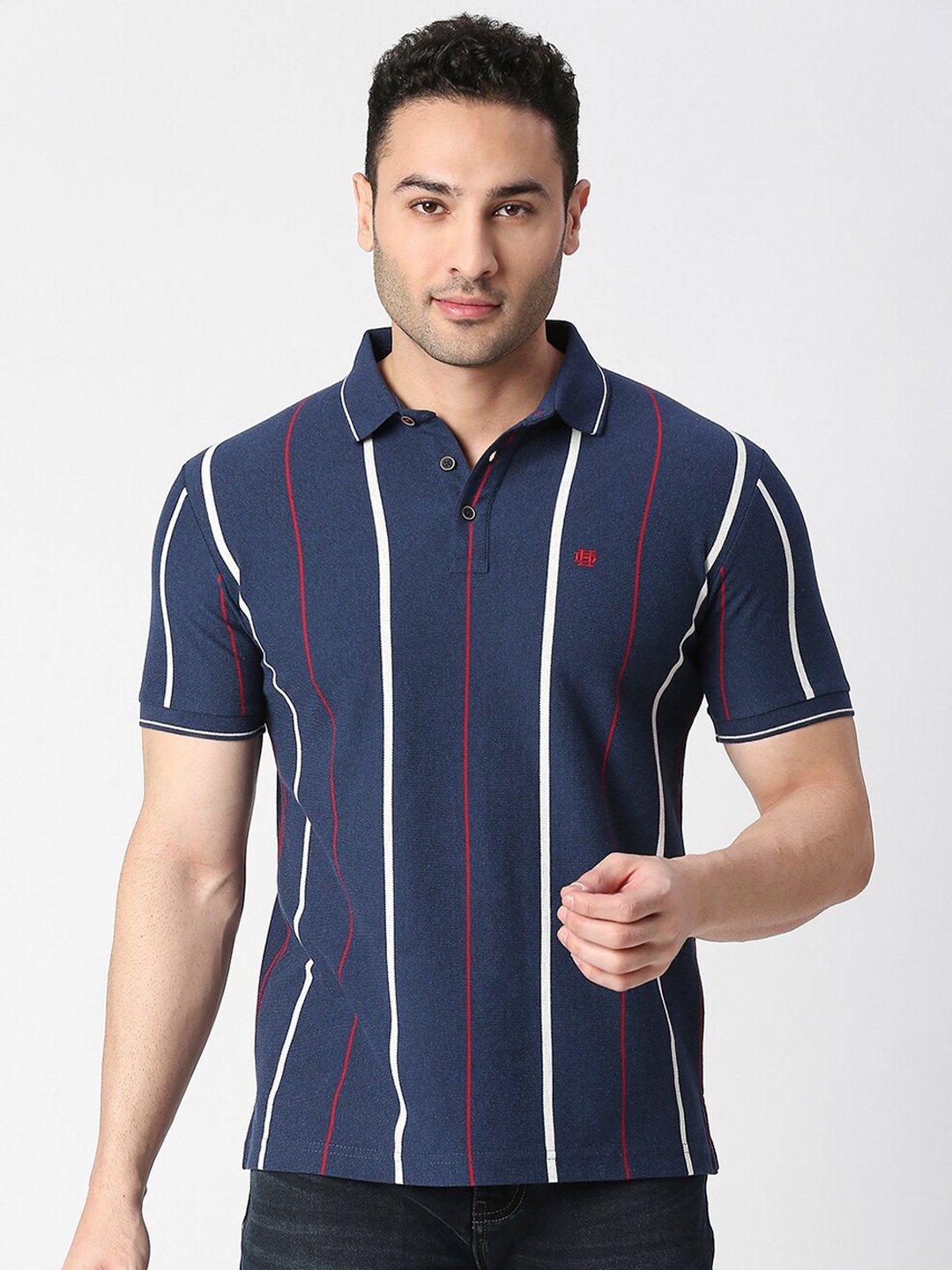 

DRAGON HILL Vertical Striped Polo Collar Cotton Slim Fit T-shirt, Navy blue