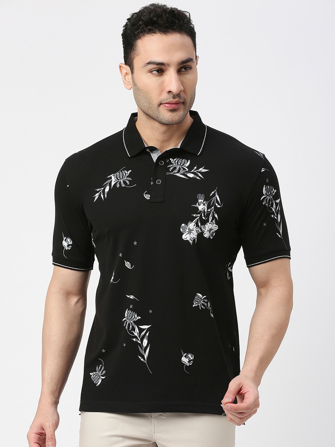 

DRAGON HILL Floral Printed Polo Collar Cotton Slim Fit T-shirt, Black
