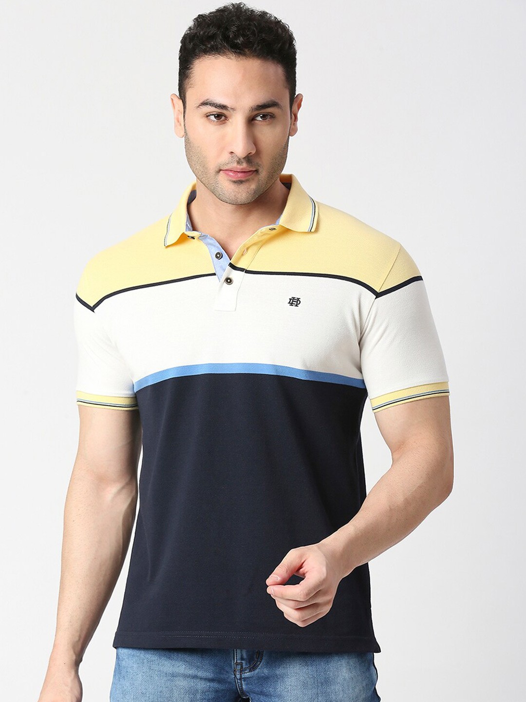 

DRAGON HILL Colourblocked Polo Collar Cotton Slim Fit T-shirt, Yellow