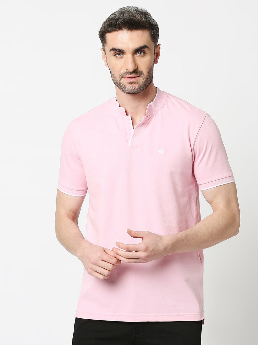 

DRAGON HILL Mandarin Collar Slim Fit Cotton Casual T-shirt, Pink