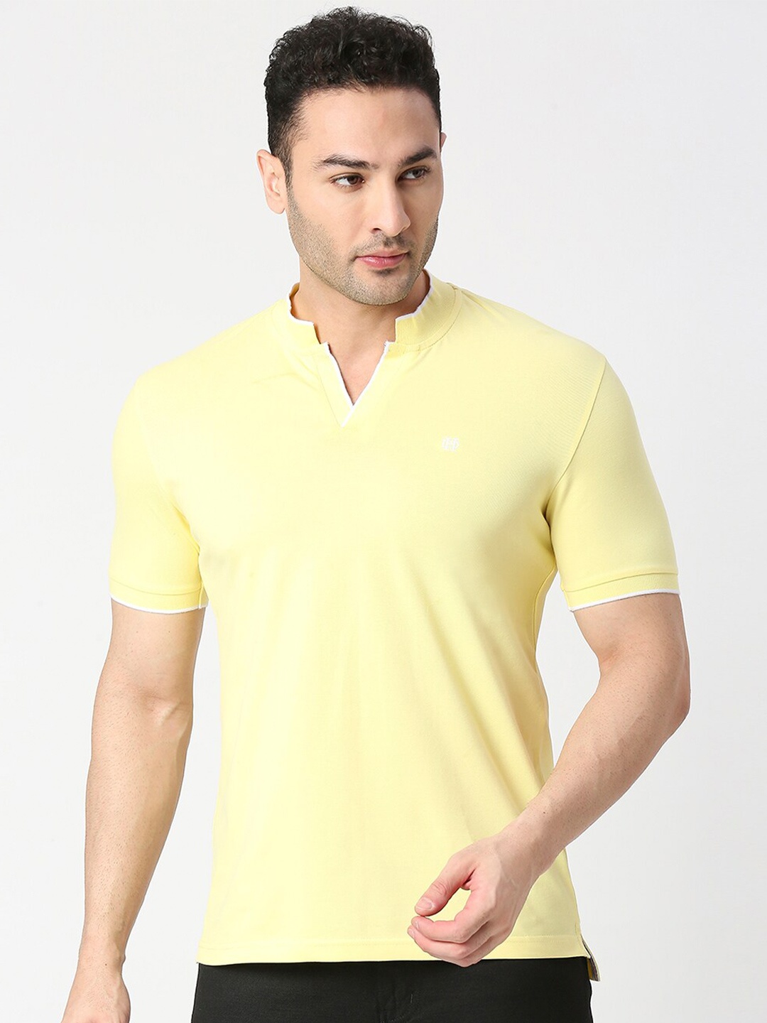 

DRAGON HILL Mandarin Collar Slim Fit Cotton Casual T-shirt, Yellow
