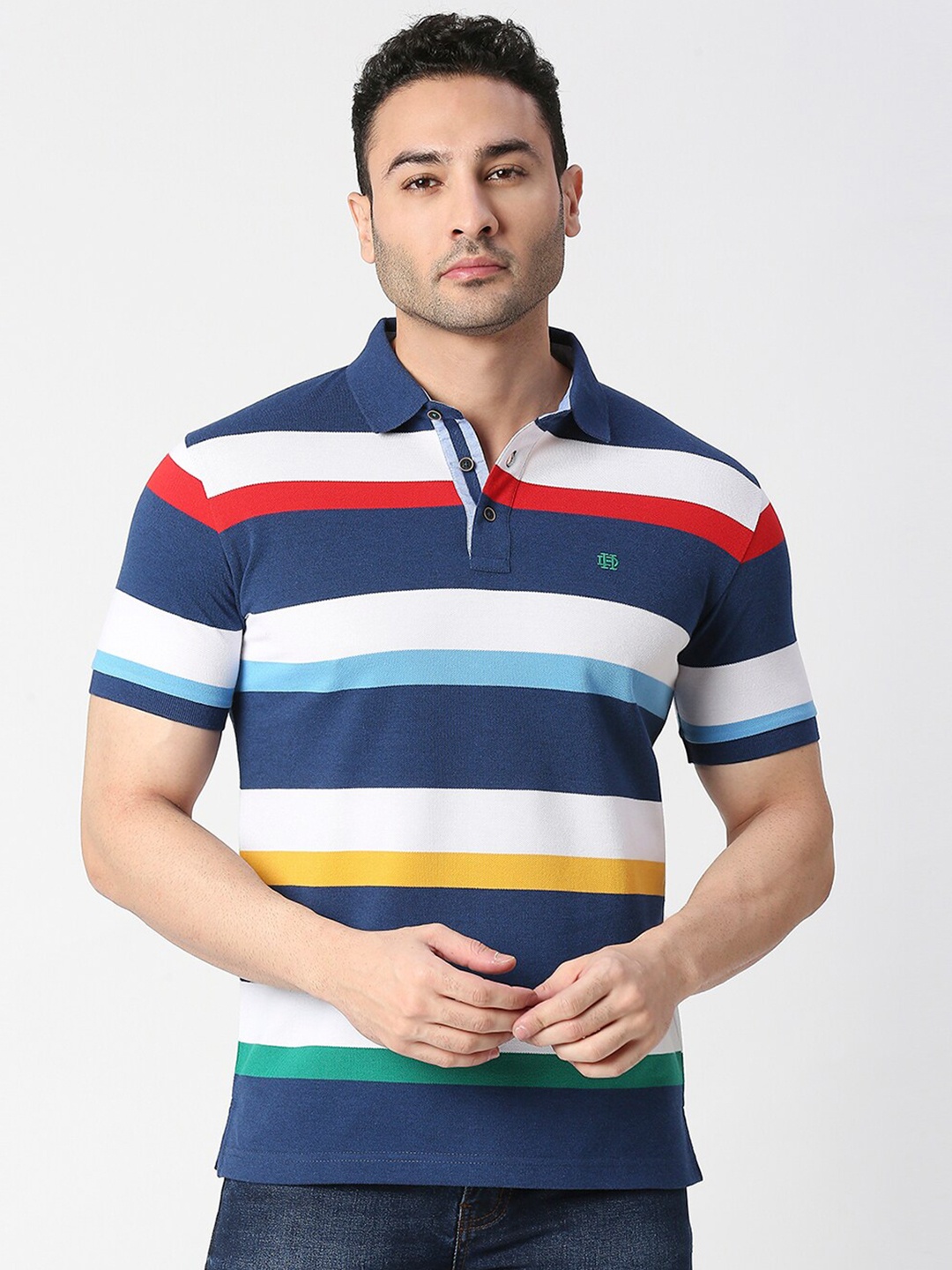 

DRAGON HILL Colourblocked Polo Collar Slim Fit Cotton Casual T-shirt, Blue